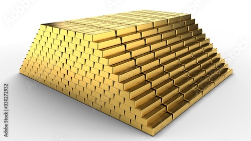 A mountain of gold ingots. 3D-rendering. Isolated on white.