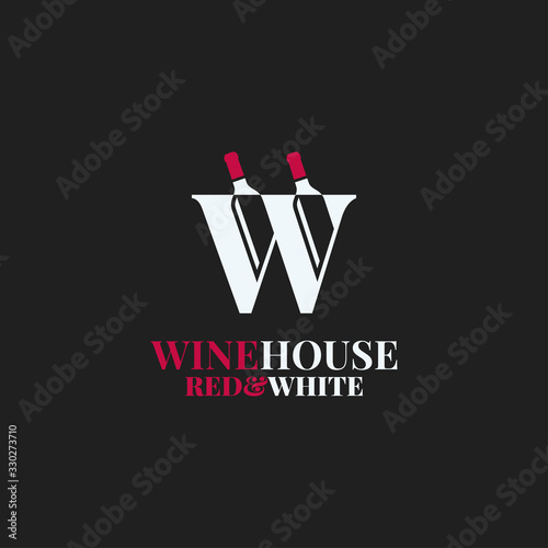 Wine bottles logo. Letter W of red and white wine