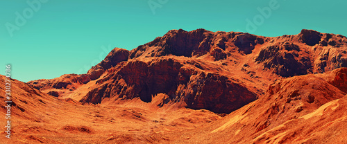 Mars landscape, 3d render of imaginary mars planet terrain, science fiction illustration. photo