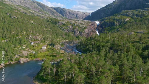 Wide drone shot of Nykkjesøyfossen, Waterfall in Hardanger, Norway. Summer 2019. photo