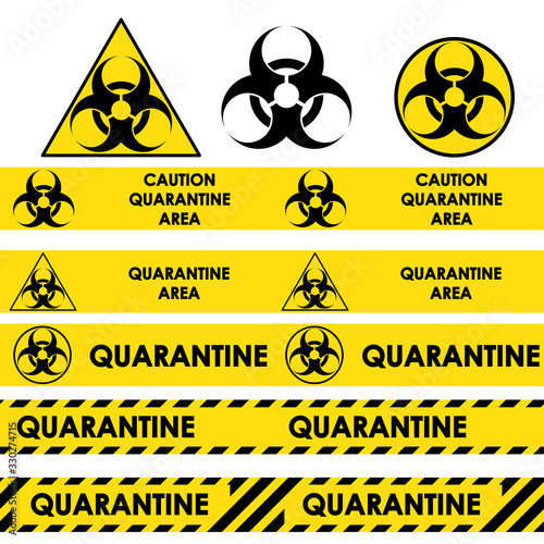 Biological hazard signs and seamless warning tapes for quarantine area set. Stock vector illustration. 