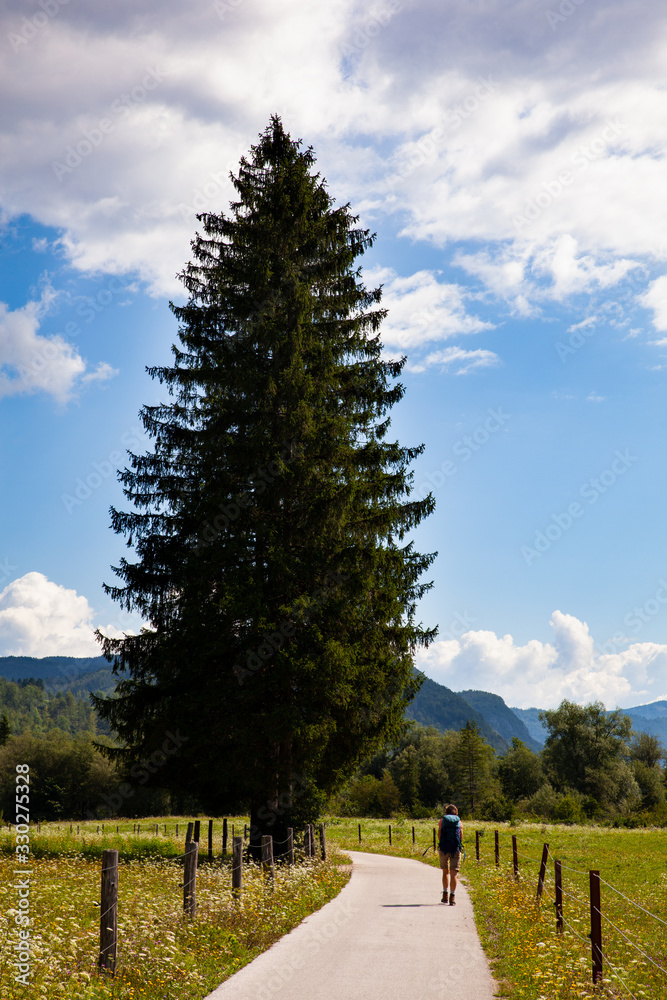 Young woman with backpack hiking in the Slovenian countryside