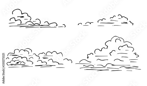 Hand-drawn vector set of black outline on a white background. Cumulus clouds of different shapes. Element of nature, seasonal weather, sky, air.