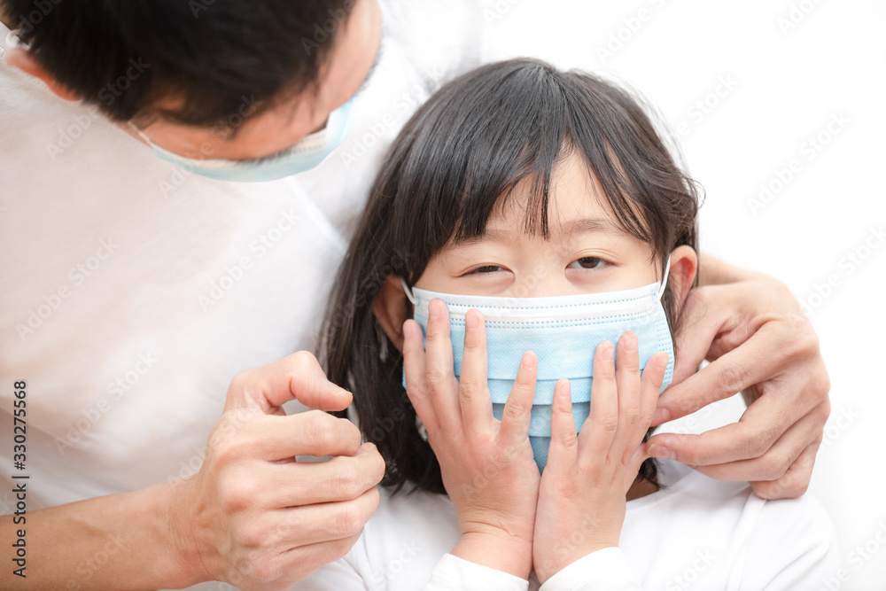 The image face of a Children Wearing a mask with Family to prevent germs, toxic fumes, and dust. Prevention of bacterial infection coronavirus in the air in a white background