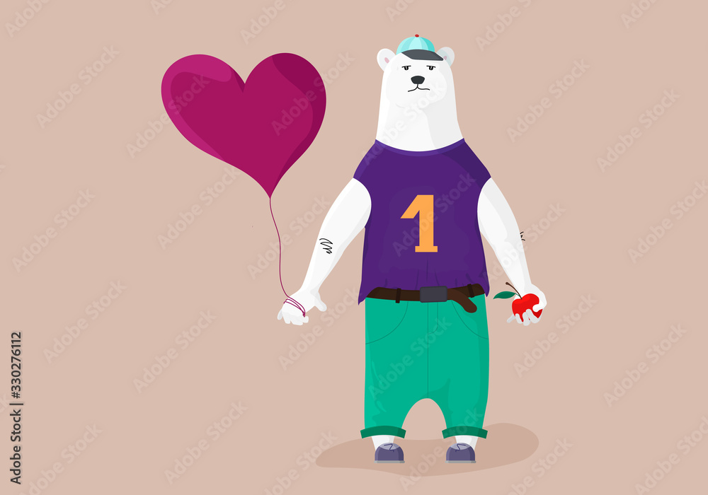 Dressed bear holding balloon. Cute animal vector illustration.