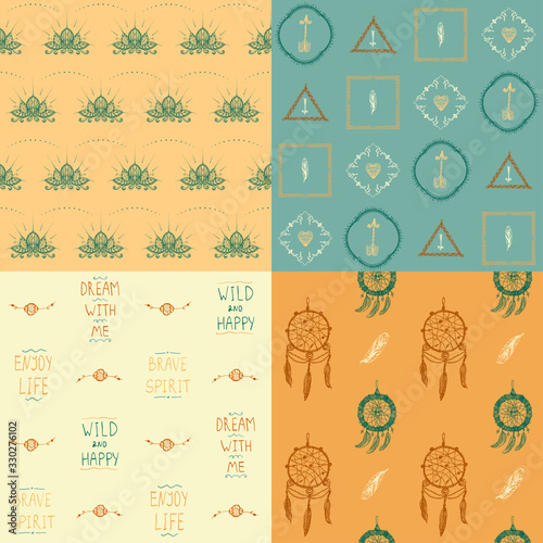 Seamless patterns set with ethnic native ornaments - dream catchers, lotos flowers, feather amulets