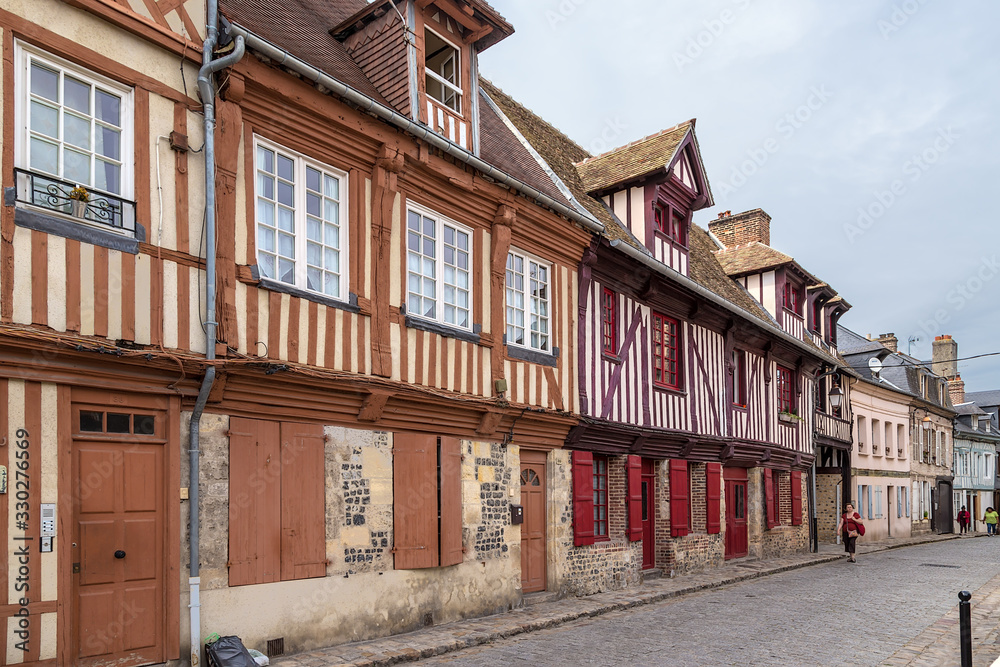 Honfleur, France. Colorful half-timbered buildings on Bavole street