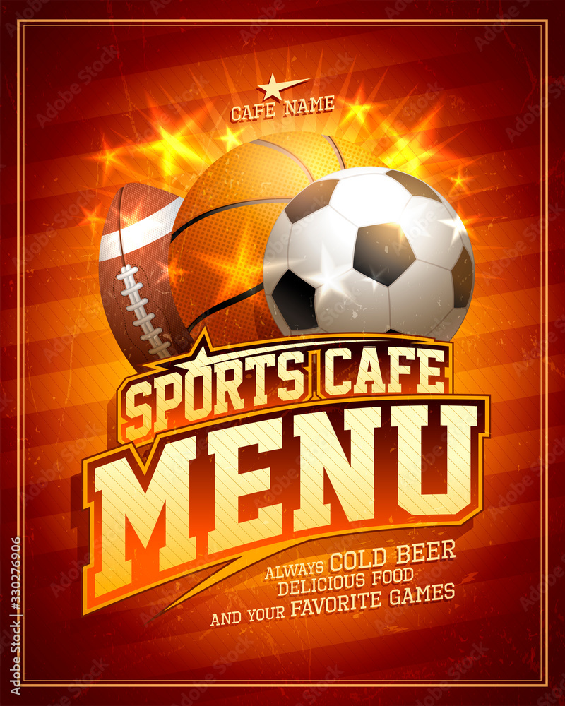 Sports cafe menu card design template with football, basketball and