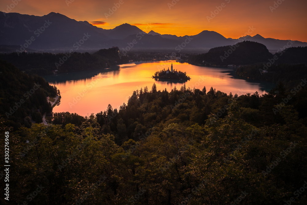 Lake Bled. Lake Bled with St. Marys Church of the Assumption on the small island. Bled, Slovenia, Europe
