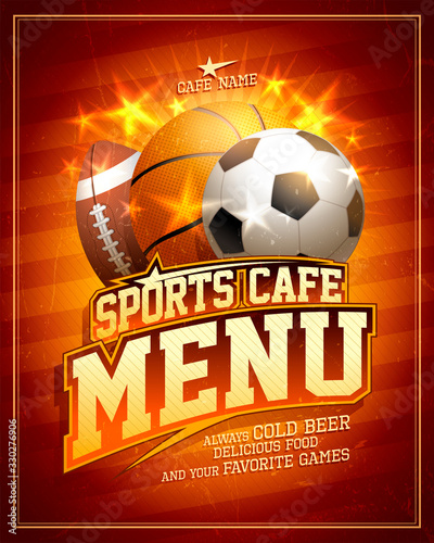 Sports cafe menu card design template with football, basketball and rugby balls