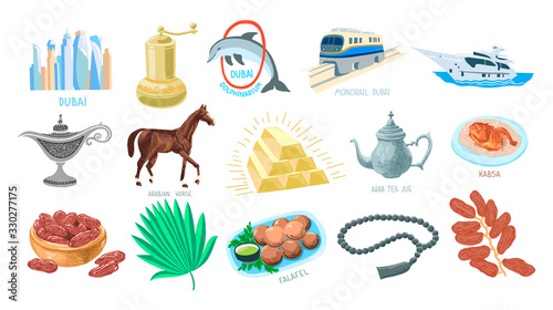 set of 15 hand drawing icon symbol from Dubai, United Arab Emirates