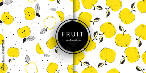 Seamless bright light pattern with apples and leaves for fabric, drawing labels, print on t-shirt, wallpaper of children's room, fruit background. Slices of a apples doodle style cheerful background.