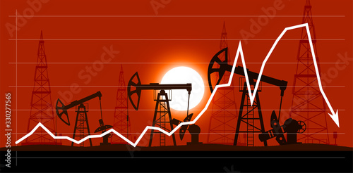 Industrial landscape of oil production against the background of a graph of falling prices per barrel vector illustration