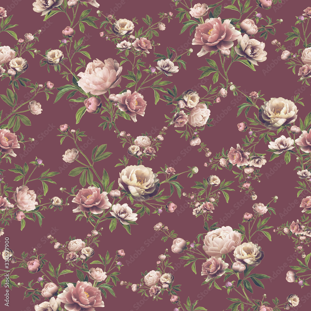 Fototapeta Seamless floral pattern. Vintage blue textile design. Peony flowers