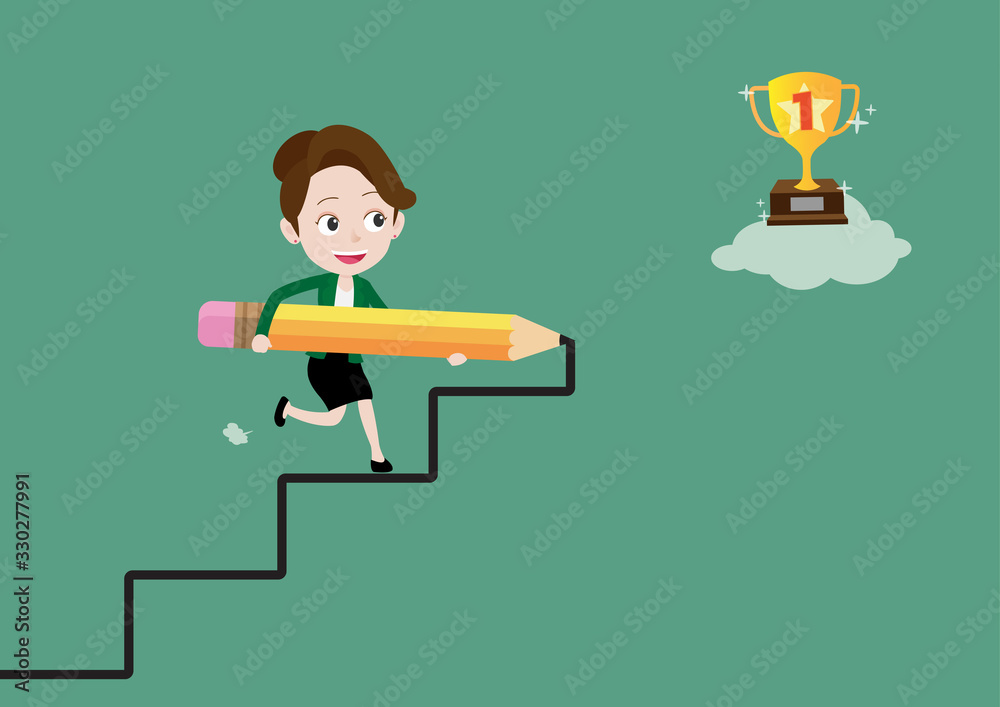 Happy young business woman uses a pencil to create her own stair to trophy of success Happy young business woman uses a pencil to create her own stair to trophy of success