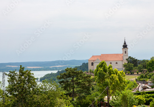 Tihany abbey viewed from the village with the lake Balaton in Hungary