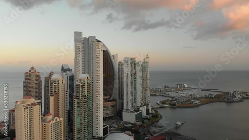 Epic drone view of Panama City, Panama skyscapers dawn photo