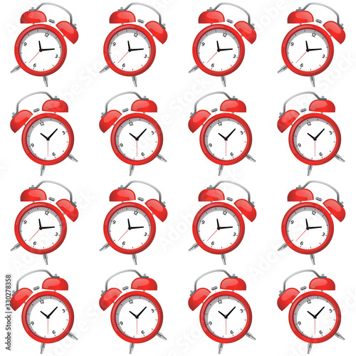 Seamless pattern with red alarm clock tilted left and right on white background