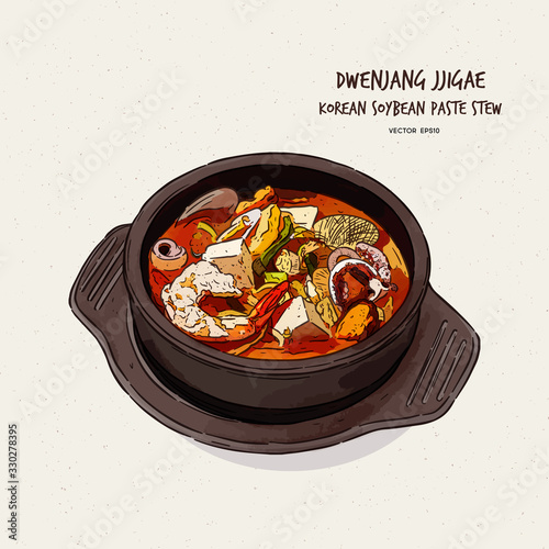Korea's representative food,Soybean Paste Stew(doenjang jjigae) , hand draw sketch vector.