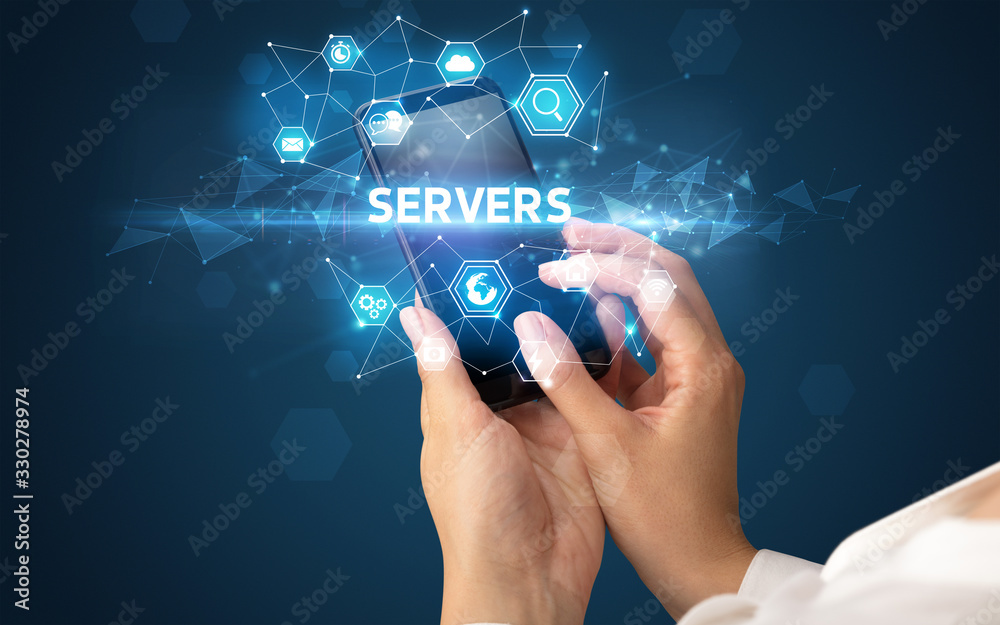 Female hand holding smartphone with SERVERS inscription, modern technology concept Female hand holding smartphone with SERVERS inscription, modern technology concept