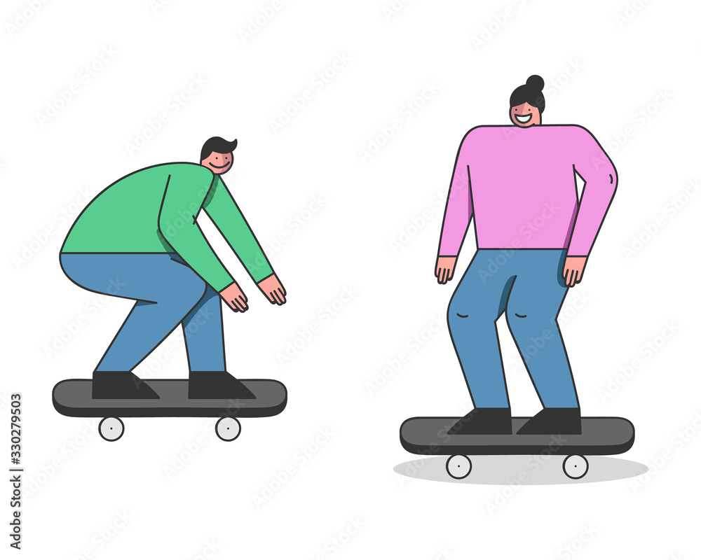 Concept Of Skateboard Riding. Two Teenagers Skateboarders Are Riding Skateboard. Skateboarding Friends Are Making Stunts on Board in The Skatepark. Cartoon Outline Linear Flat Vector Illustration