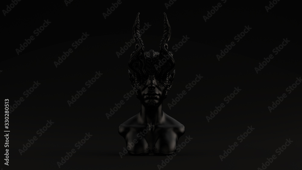 Black Antique Horned Demon Queen Statue Bust Black Background 3d illustration 3d render	