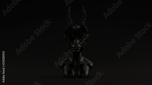 Black Antique Horned Demon Queen Statue Bust Black Background 3d illustration 3d render 