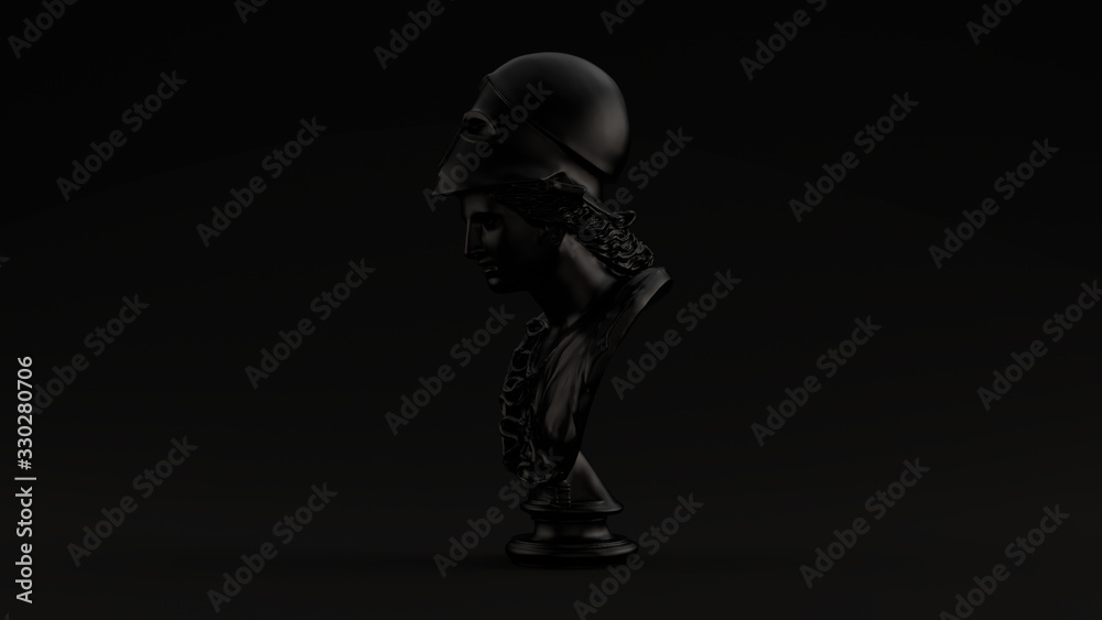 Black Minerva Bust Sculpture Black Background 3d illustration 3d render	