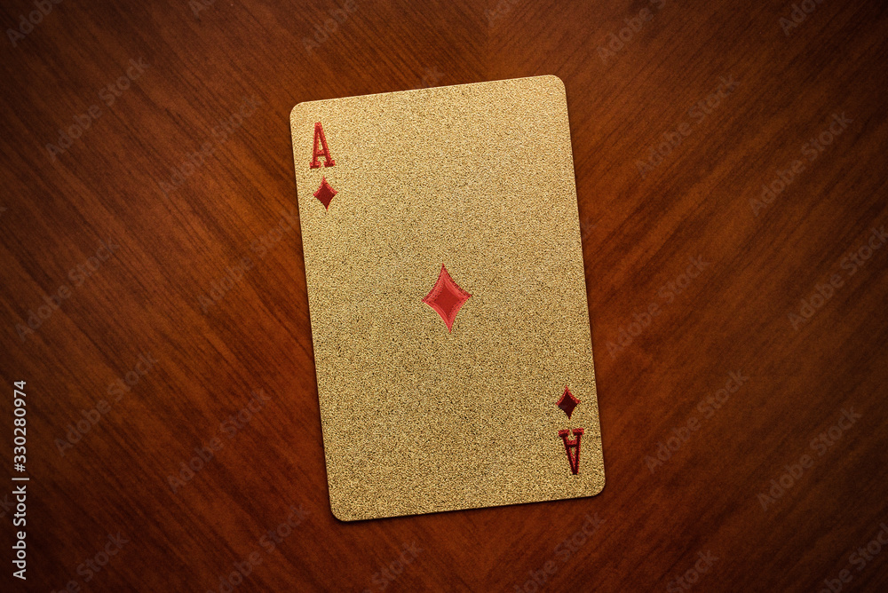 playing ace card on wooden background, ace of diamonds close up, gold, golden ace card of diamonds playing ace card on wooden background, ace of diamonds close up, gold, golden ace card of diamonds