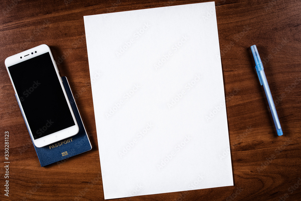 a sheet of A4 paper on the table and a passport with a pen, a sheet of A4 paper and a passport with a mobile phone, a blank A4 sheet and a passport with a pen near it, not filled sheet A4 a sheet of A4 paper on the table and a passport with a pen, a sheet of A4 paper and a passport with a mobile phone, a blank A4 sheet and a passport with a pen near it, not filled sheet A4
