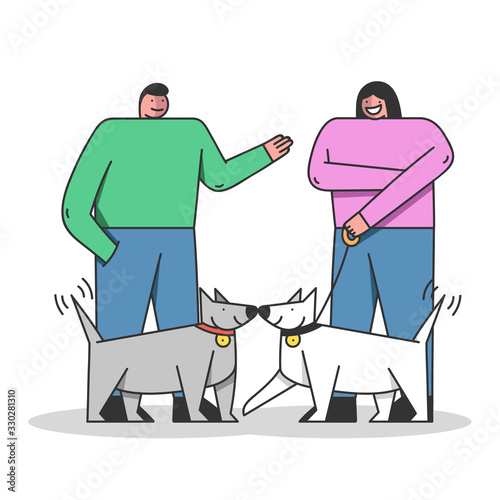Dog Training Concept. Happy People Are Training Dogs In the City Park Or Area. Dog Playground in The Park. Man And Woman Walk With Dog in Public Park. Cartoon Linear Outline Flat Vector Illustration