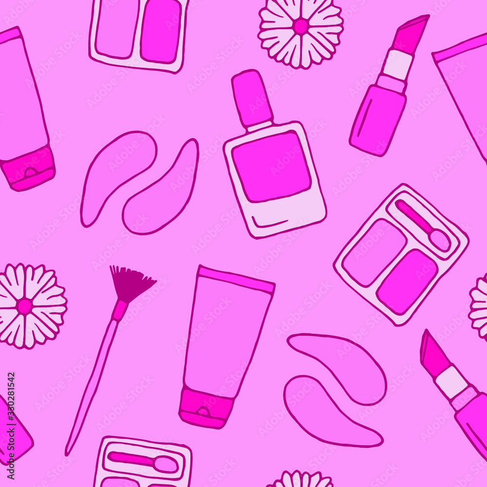 Seamless pattern Glamorous hand drawn template with make up objects: cream, lipstick, brush, patches, perfume, eyeshadow and flower. Doodle cosmetics background for beauty shop. Vector illustration. Seamless pattern Glamorous hand drawn template with make up objects: cream, lipstick, brush, patches, perfume, eyeshadow and flower. Doodle cosmetics background for beauty shop. Vector illustration.