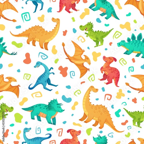 Fototapeta Naklejka Na Ścianę i Meble -  Cartoon dino seamless pattern. Cute triceratops, brontosaurus and tirex. Color dinosaurs vector illustration set. Seamless dinosaur and dino ancient, lizard raptor wildlife