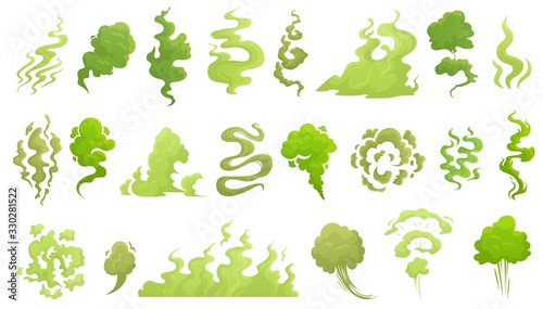 Smelling smoke. Bad smell cloud, green stink aroma and stinky smoke cartoon vector illustrartion set. Smell cloud and stink toxic, aroma stench photo