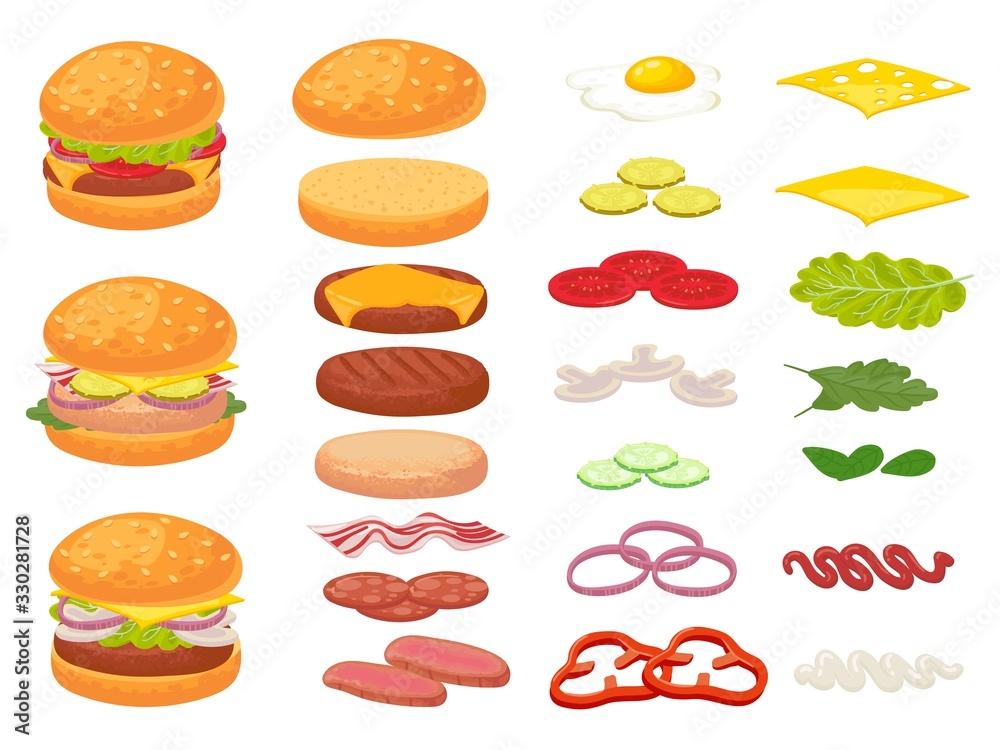 Cartoon burger ingredients. Hamburger, chop bun and tomato. Ham, fresh pickles and cheese slices. Fast food constructor vector illustration set. Sandwich burger and cheeseburger and ingredient Cartoon burger ingredients. Hamburger, chop bun and tomato. Ham, fresh pickles and cheese slices. Fast food constructor vector illustration set. Sandwich burger and cheeseburger and ingredient