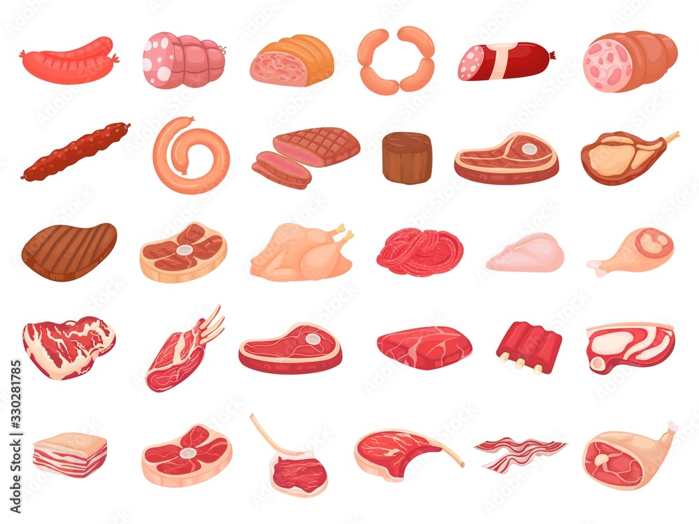 Cartoon meat products. Chicken, sausages and sausages. Steaks, pork bacon and ribs vector set. Steak chicken, sausage and bacon, product ingredient illustration