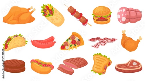 Cartoon meat food. Fried chicken legs, burger and grilled steak. Beacon, hot dogs and sausages. Burrito, taco and sandwich vector illustration set. Steak barbecue, beef cooking, pizza and drumstick