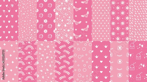 Cute pink seamless patterns. Hand drawn hearts, stars pattern for little baby girl and dots texture for fabric print vector set. Seamless background pattern, baby fabric, girly pastel illustration