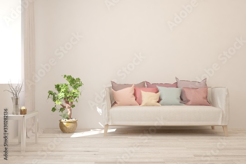 Modern living room in white color with sofa. Scandinavian interior design. 3D illustration © AntonSh