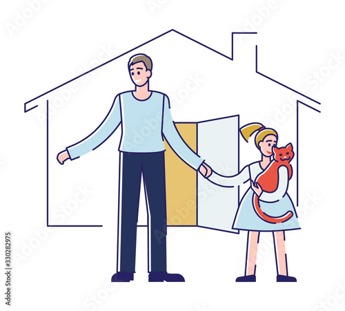Concept Of Care, Solidarity, Responsibility And Adoption. People Take Care Of Homeless Animals. Father With Daughter Adopt Kitty From Animal Shelter. Cartoon Outline Linear Flat Vector Illustration