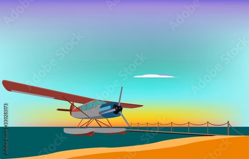The seaplane is on the water near the pier at sunset, vector illustration