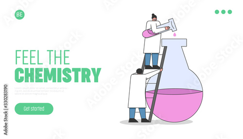 Laboratory Exploring And Experiments Concept. Website Landing Page. Chemistry and Laboratory Technician Are Making An Chemical Experiment. Web Page Cartoon Linear Outline Flat Vector Illustration