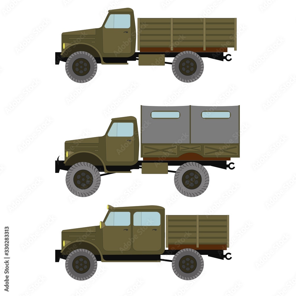 Army trucks set isolated on white background, vector illustration