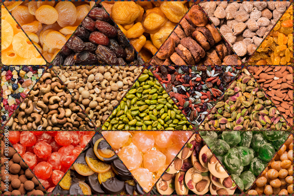 dried fruit nuts and oriental sweets, many kinds of dried fruits and nuts,