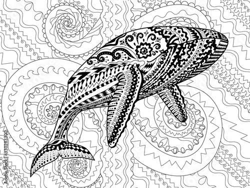Coloring pages for adults with humpback whale for anti-stress coloring book with high details, isolated on pattern background, illustration in zentangle style. Vector