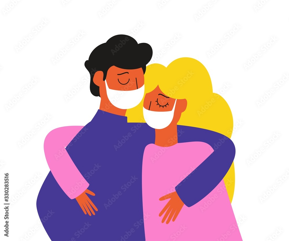 Hugging young man and woman in medical face mask. Novel coronavirus 2019-nCoV. Hugging young man and woman in medical face mask. Novel coronavirus 2019-nCoV.