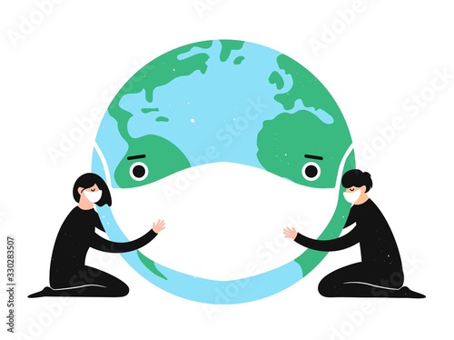 Boy and girl hugging cute sad earth planet in medical face mask. Novel coronavirus 2019-nCoV.