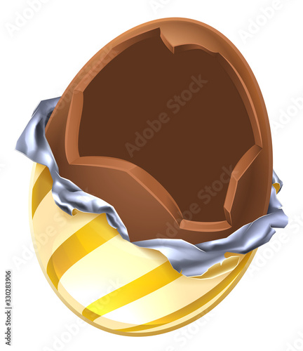 An illustration of a cartoon broken open chocolate Easter egg
