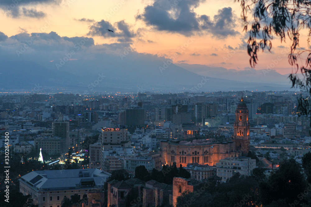 Sunset view. City lights. Malaga. Andalusia 