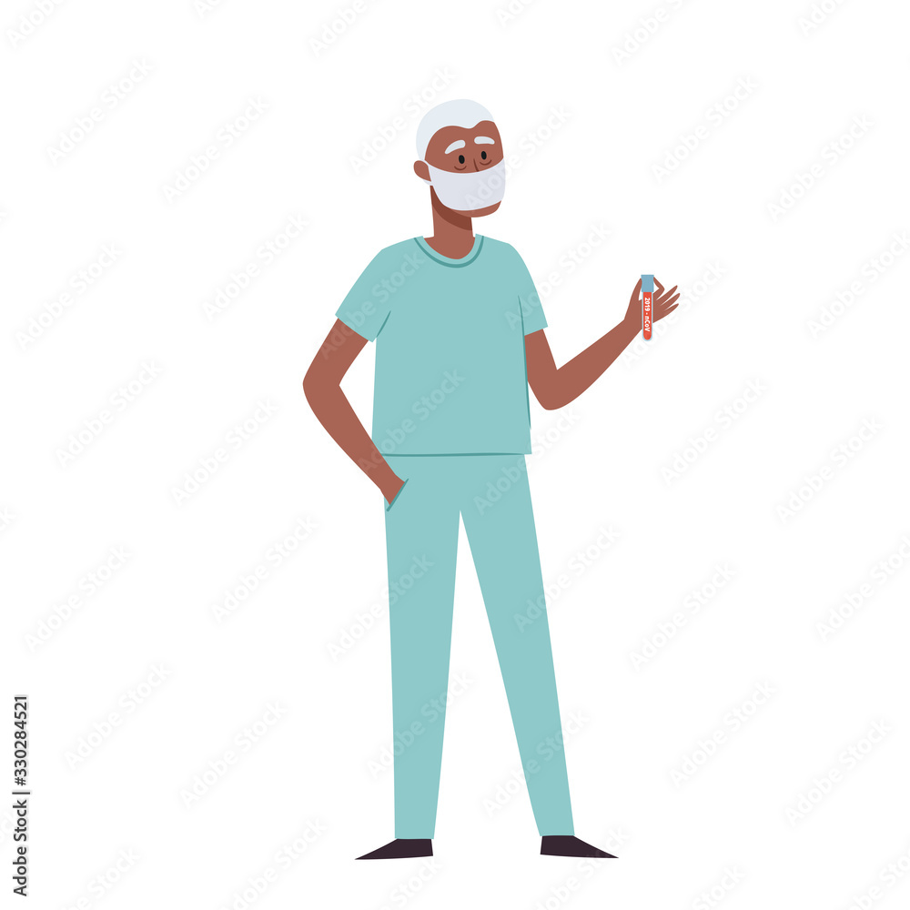 African male nurse in protective face with blood tube